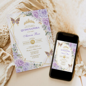 Purple Gold Quincea?era Butterfly Roses Mis Quince Invitation