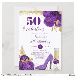 Purple Gold Stiletto Champagne Adult Birthday Invitation