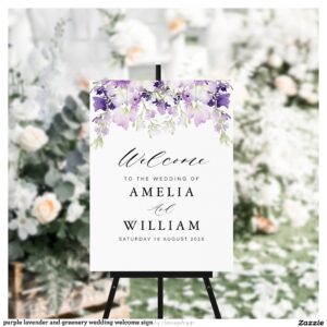 purple lavender and greenery wedding welcome sign