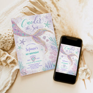 Purple Mermaid 1st Birthday Oneder the Sea Party Invitation