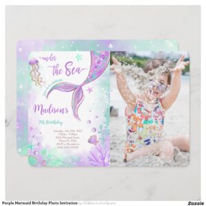Purple Mermaid Birthday Photo Invitation