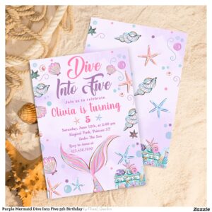 Purple Mermaid Dive Into Five 5th Birthday Invitation