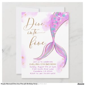 Purple Mermaid Dive Into Five 5th Birthday Party Invitation