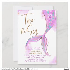 Purple Mermaid Party Two The Sea 2nd Birthday  Invitation