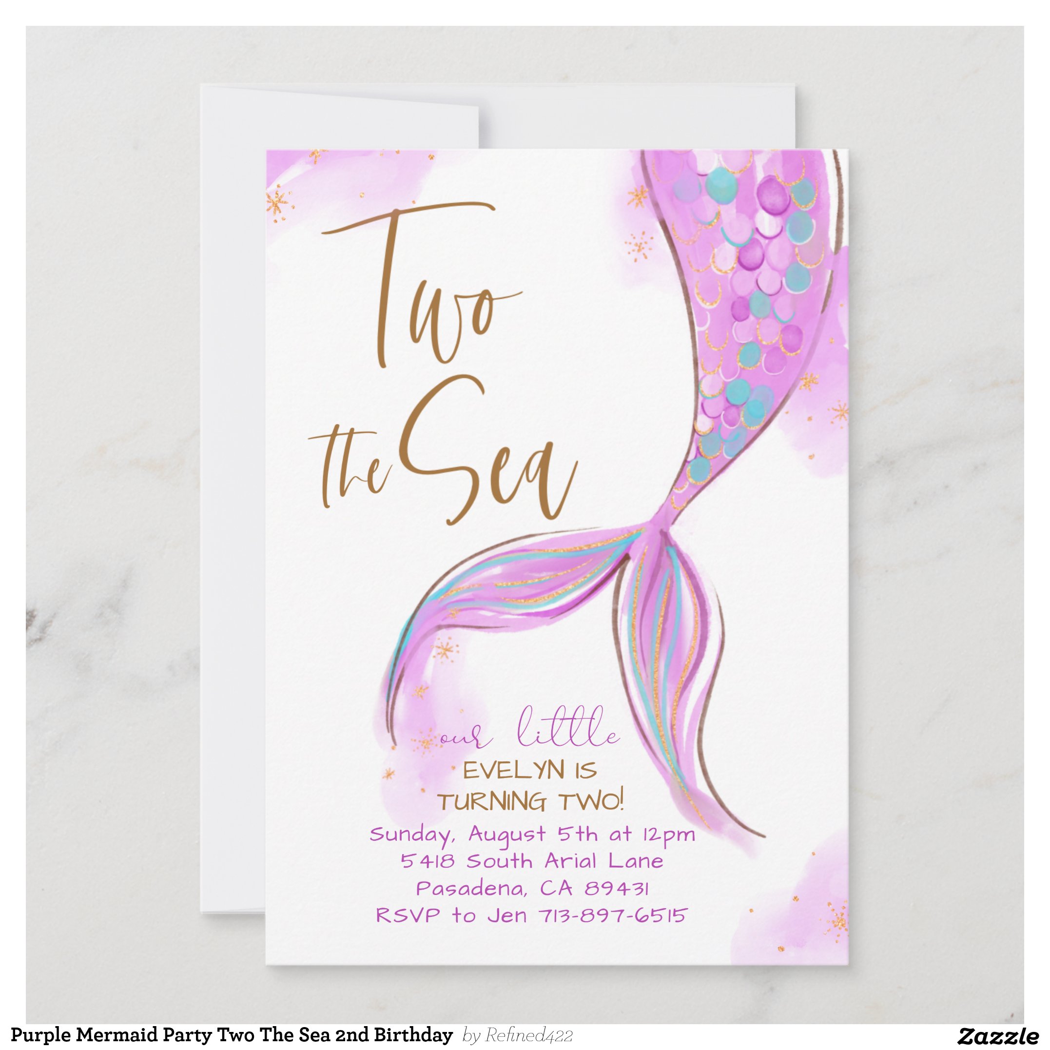 Purple Mermaid Party Two The Sea 2nd Birthday  Invitation