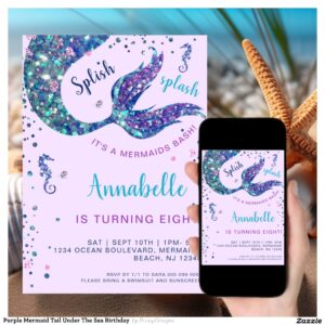 Purple Mermaid Tail Under The Sea Birthday  Invitation