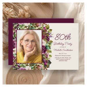 Purple Pink Floral 80th Birthday Photo Invitation
