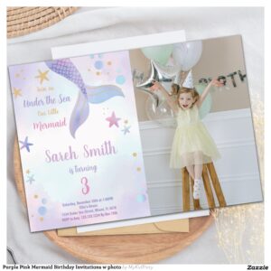 Purple Pink Mermaid Birthday Invitations w photo