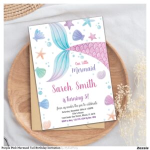 Purple Pink Mermaid Tail Birthday Invitation