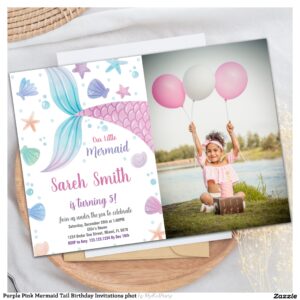 Purple Pink Mermaid Tail Birthday Invitations phot