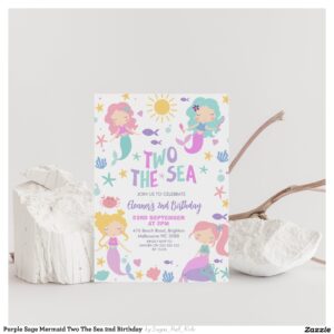 Purple Sage Mermaid Two The Sea 2nd Birthday  Invitation