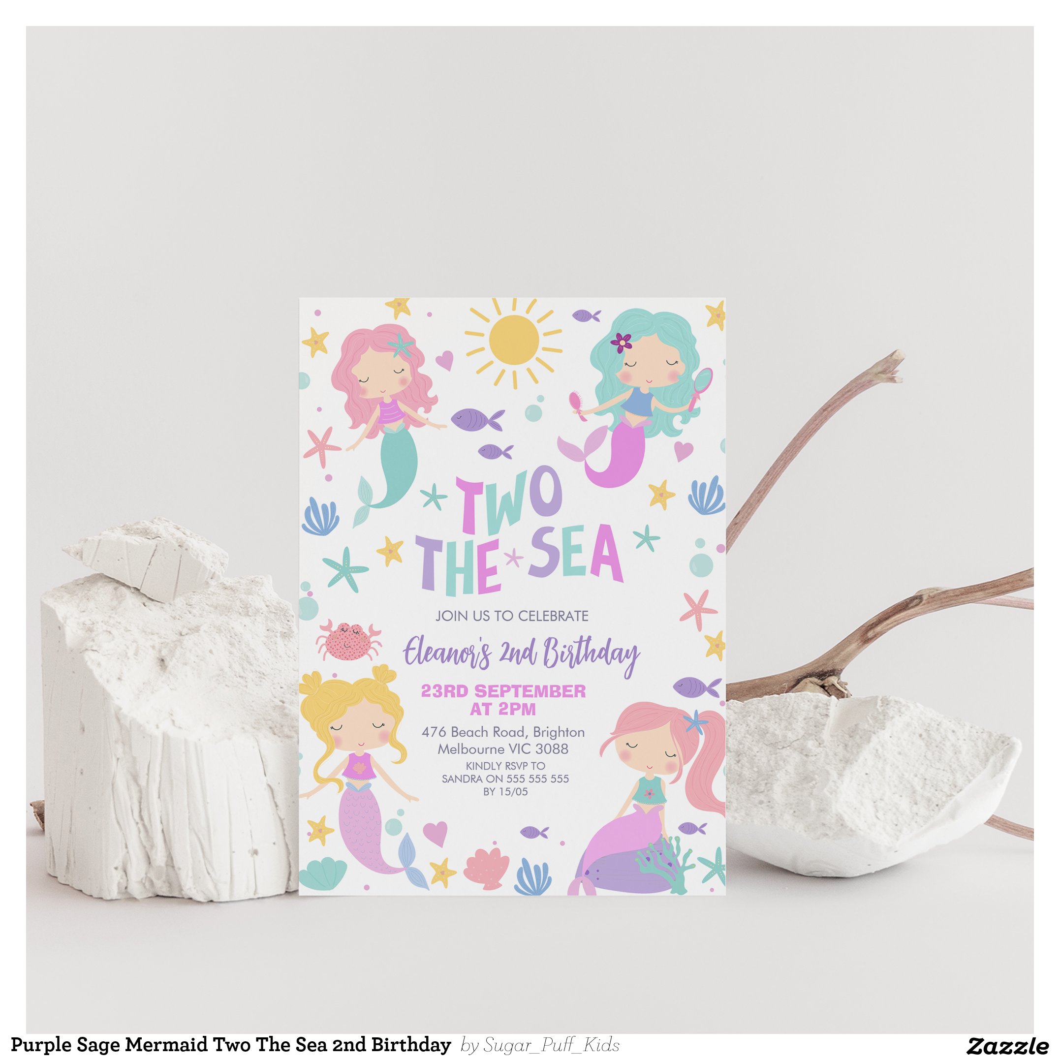Purple Sage Mermaid Two The Sea 2nd Birthday  Invitation