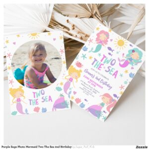 Purple Sage Photo Mermaid Two The Sea 2nd Birthday Invitation