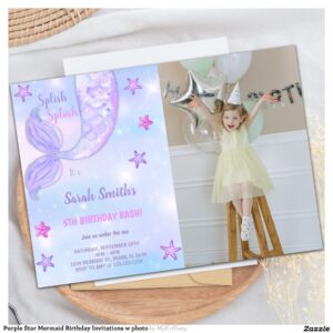 Purple Star Mermaid Birthday Invitations w photo