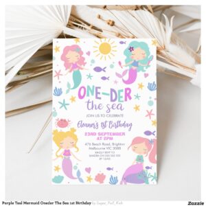 Purple Teal Mermaid Oneder The Sea 1st Birthday Invitation