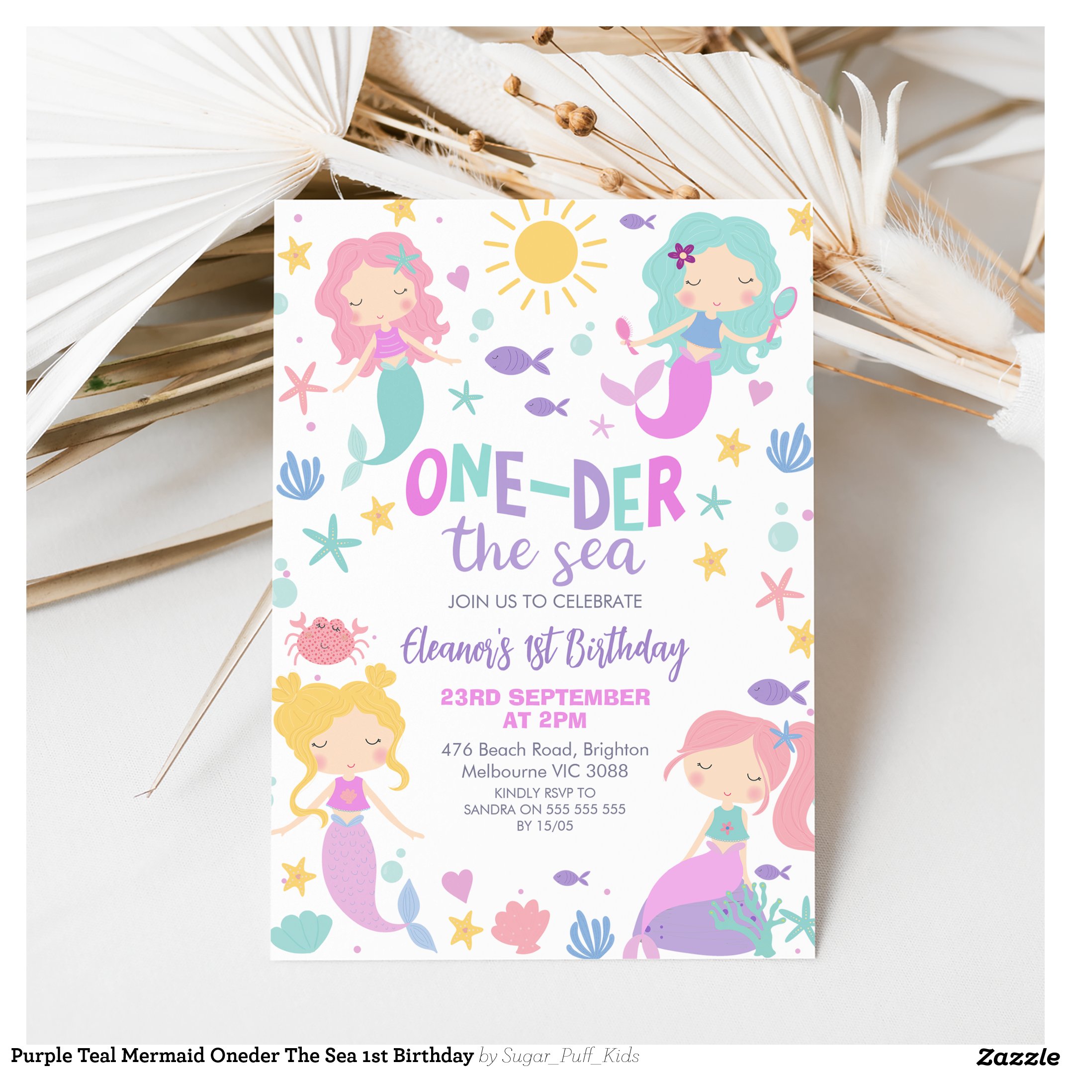 Purple Teal Mermaid Oneder The Sea 1st Birthday Invitation