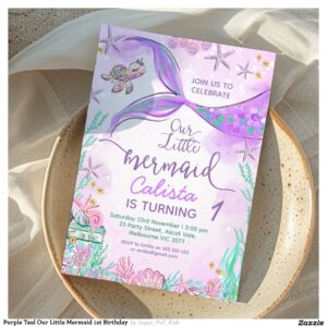 Purple Teal Our Little Mermaid 1st Birthday  Invitation