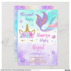 Purple Teal Unicorn Mermaid Birthday Invitation