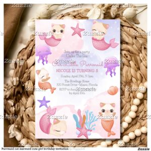 Purrmaid cat mermaid cute girl birthday invitation