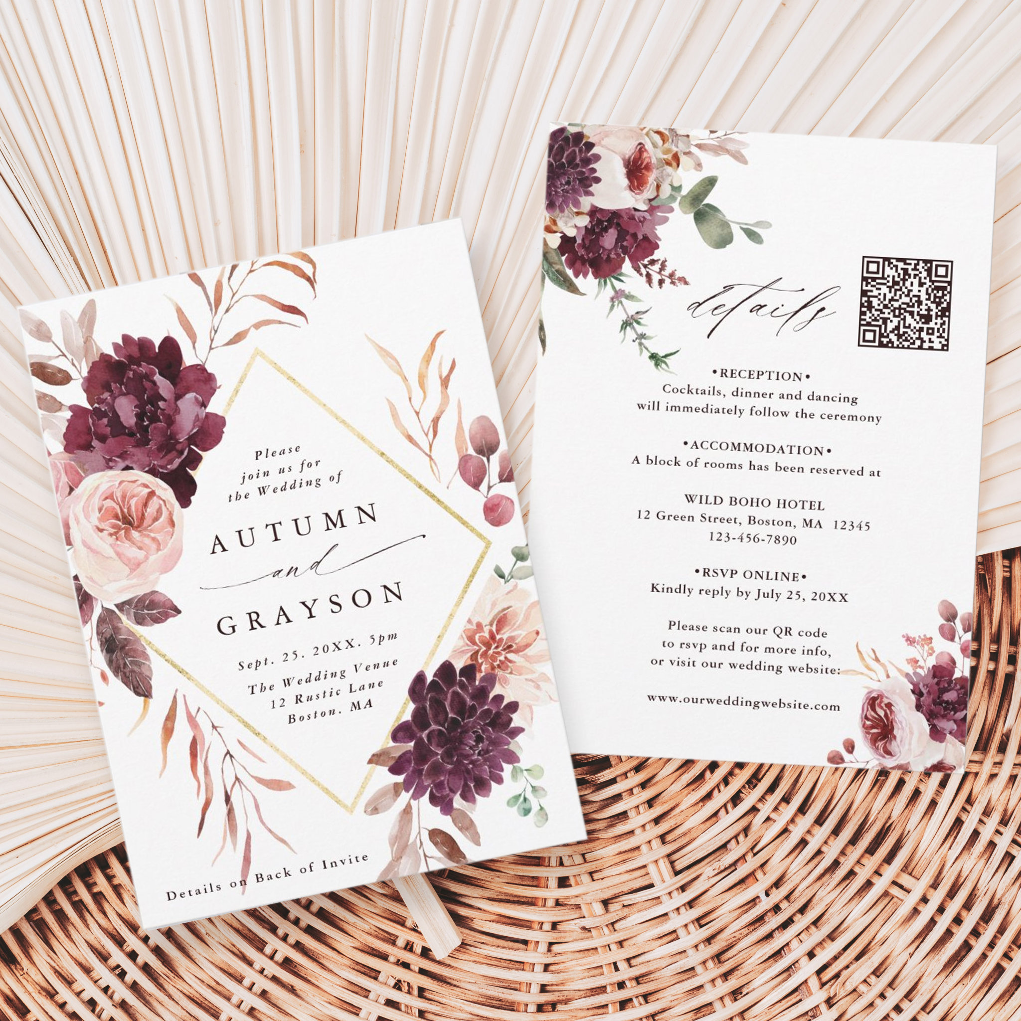 QR Code All In One Autumn Romance Wedding Invitation