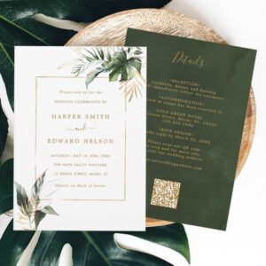 QR Code All In One Tropical Leaves Gold Wedding Invitation