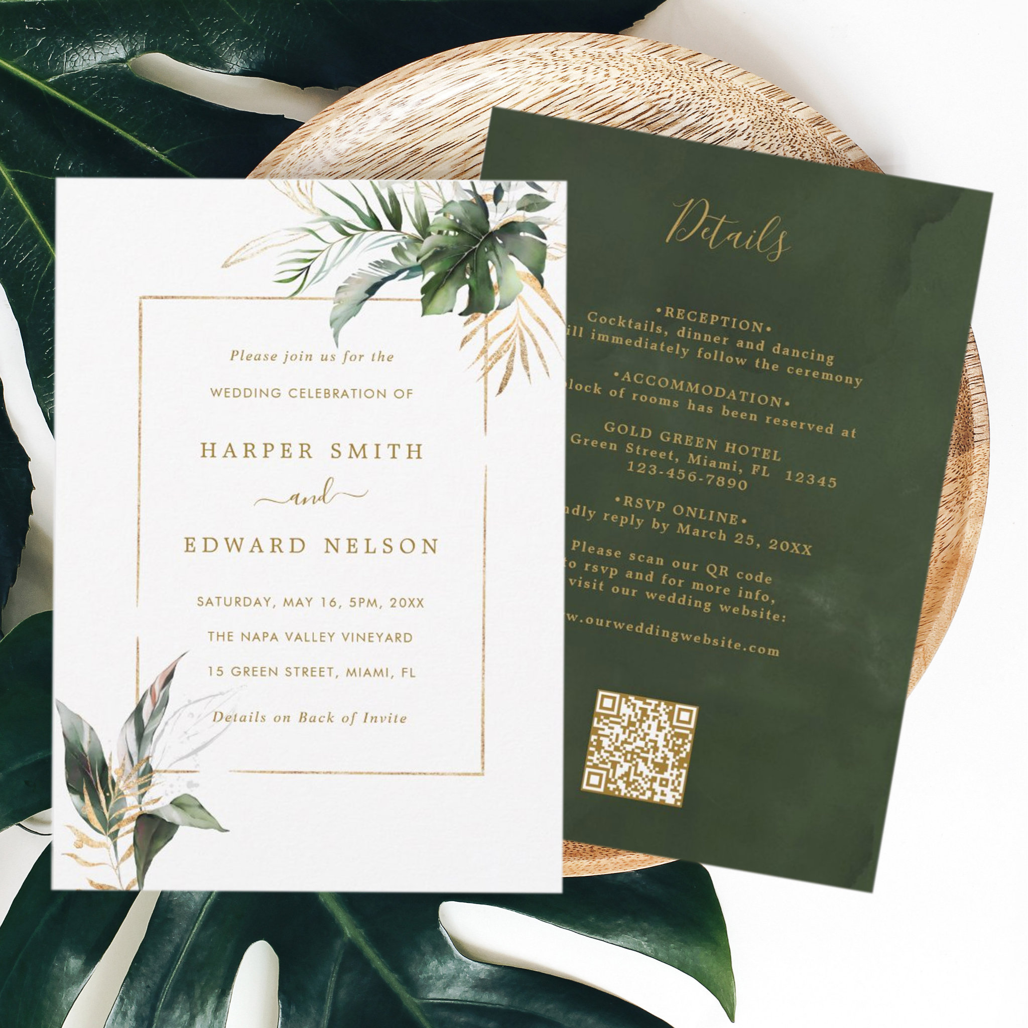 QR Code All In One Tropical Leaves Gold Wedding Invitation