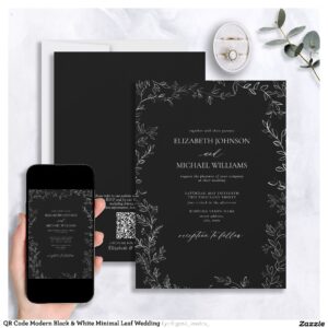QR Code Modern Black & White Minimal Leaf Wedding Invitation