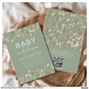 QR Code Sage Green Wildflower Baby in Bloom Shower Invitation