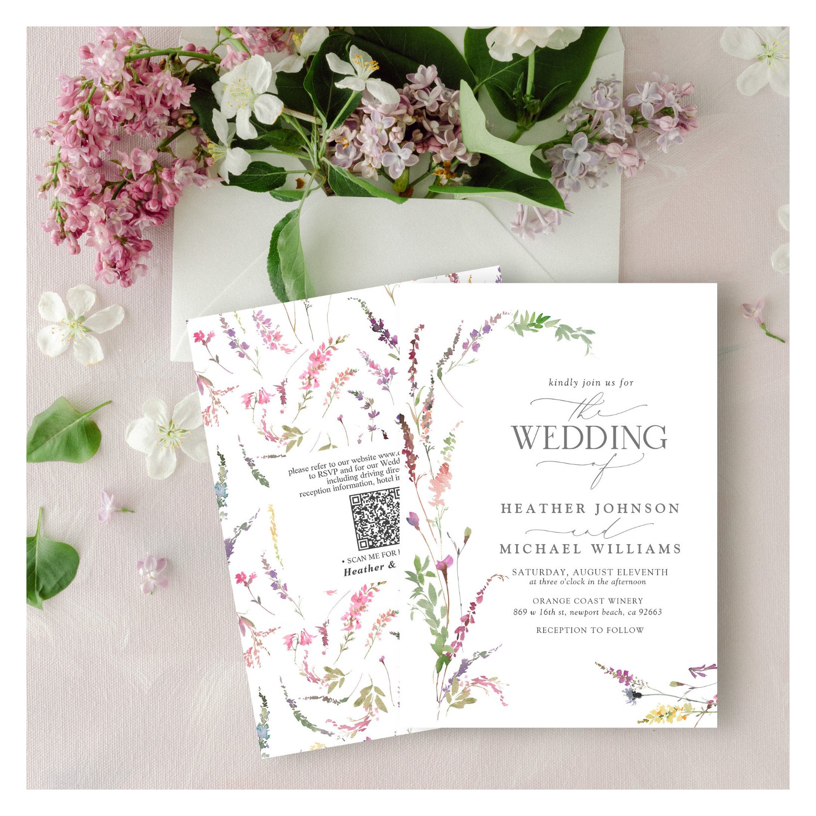 QR Code Trendy Elegant Wildflower Floral Wedding Invitation