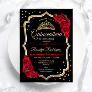 Quinceanera - Black Red Gold Invitation