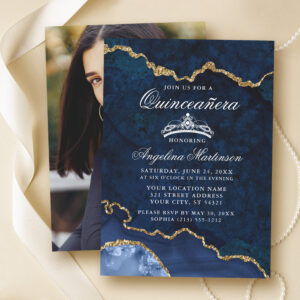 Quinceanera Blue Gold Marble Agate Geode Photo Invitation