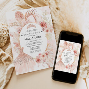Quincea?era Blush Boho Floral Pampas Grass Dress Invitation