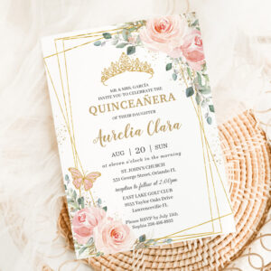 Quincea?era Blush Pink Rose Floral Butterfly Tiara Invitation