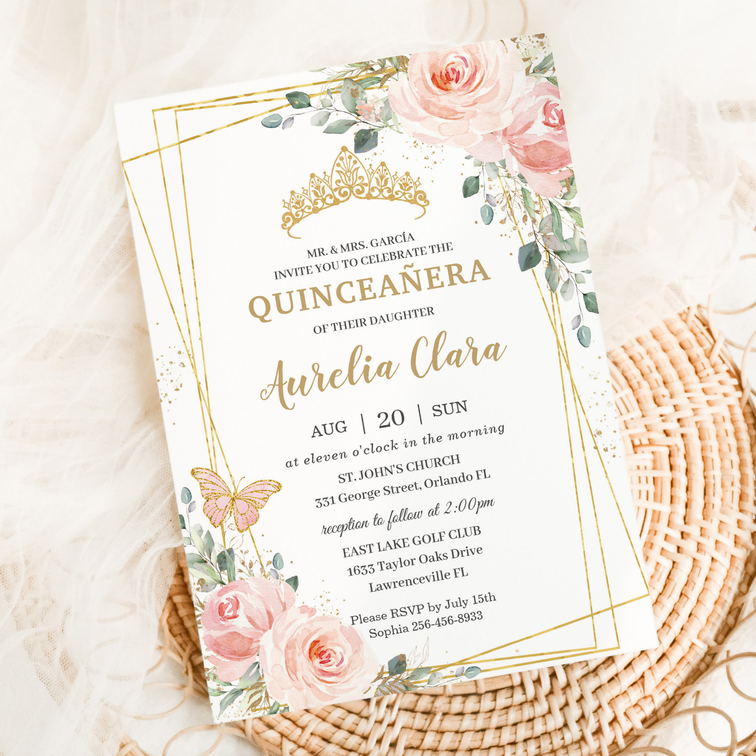 Quincea?era Blush Pink Rose Floral Butterfly Tiara Invitation