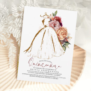 Quincea?era Floral Gold Dress 15th Birthday Invitation