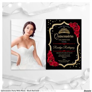 Quinceanera Party With Photo - Black Red Gold Invitation