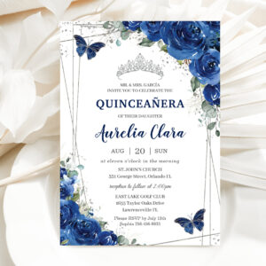 Quincea?era Royal Blue Floral Butterflies Birthday Invitation