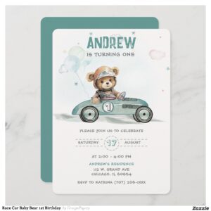 Race Car Baby Bear 1st Birthday  Invitation