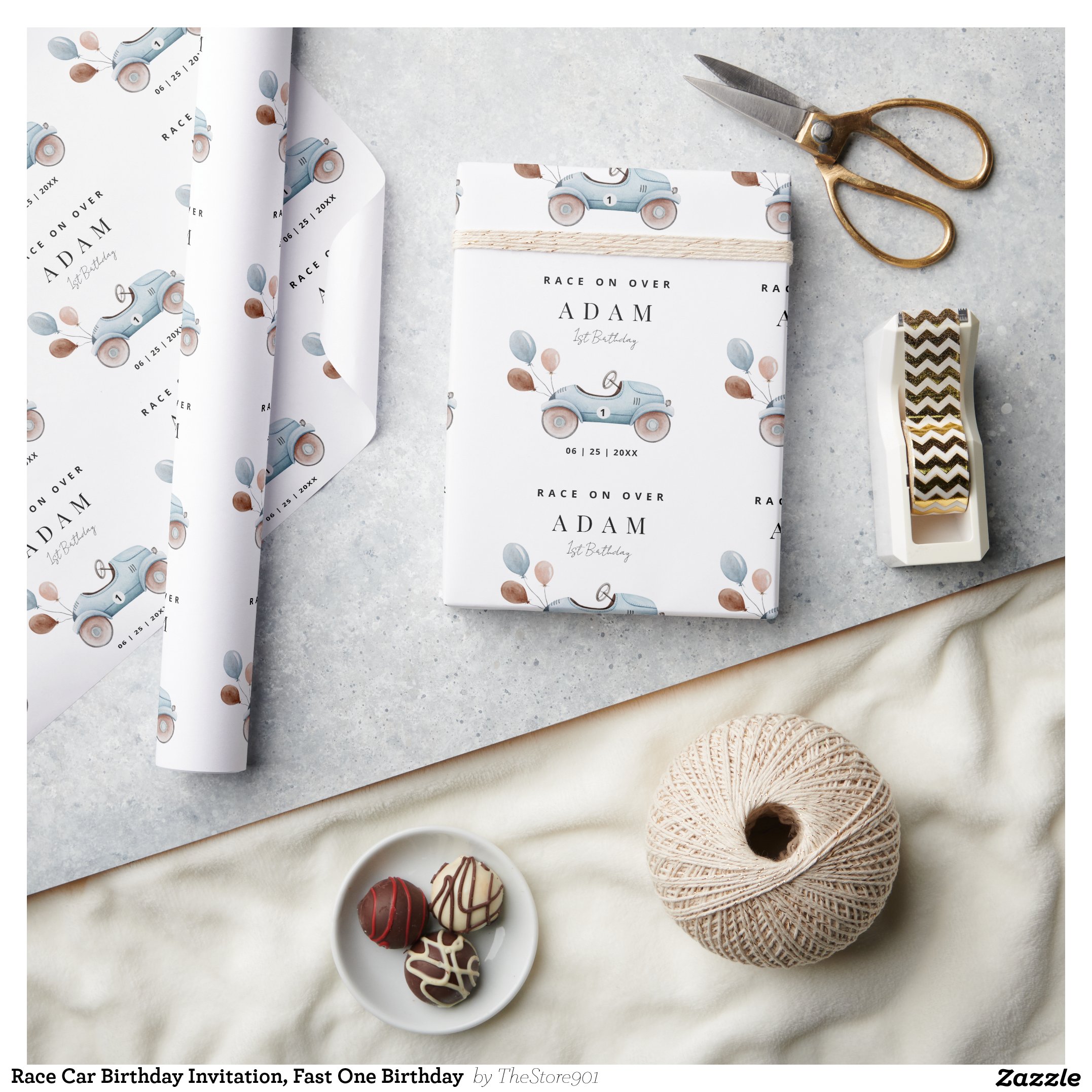 Race Car Birthday Invitation, Fast One Birthday  Wrapping Paper