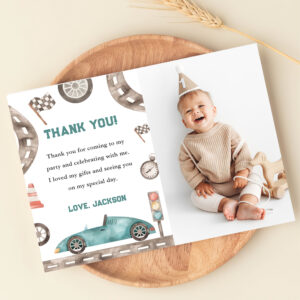 Race Car Boy Birthday Party Photo Thank You Card
