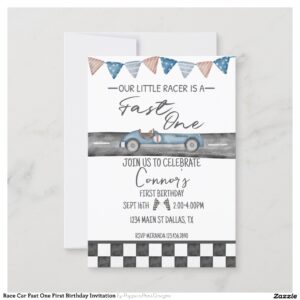 Race Car Fast One First Birthday Invitation
