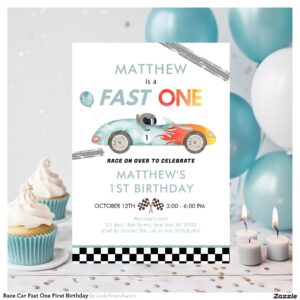 Race Car Fast One First Birthday Invitation