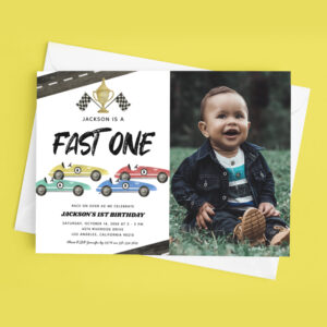 Race Car First Birthday Photo Invitation