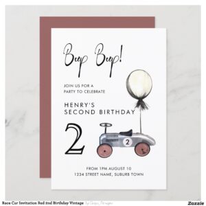 Race Car Invitation Red 2nd Birthday Vintage