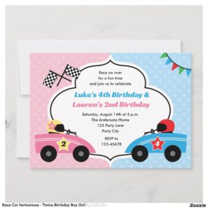 Race Car Invitations - Twins Birthday Boy Girl