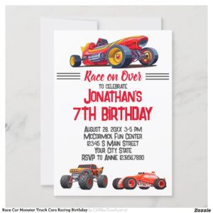 Race Car Monster Truck Cars Racing Birthday Invitation