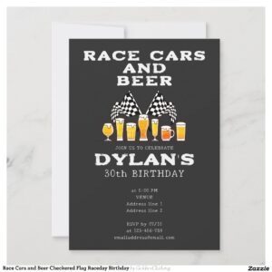 Race Cars and Beer Checkered Flag Raceday Birthday Invitation