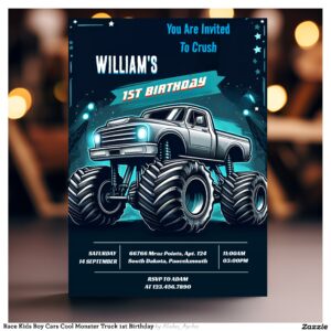 Race Kids Boy Cars Cool Monster Truck 1st Birthday Invitation