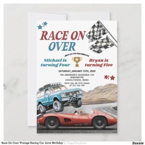 Race On Over Vintage Racing Car Joint Birthday Invitation
