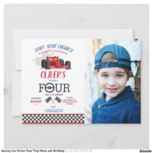Racing Car Driver Four Trip Photo 4th Birthday Invitation